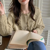 Korean-Style Pom-Pom Crochet Knit Cardigan
