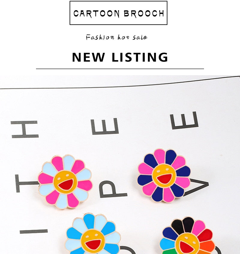4 Colors Kpop Flowers Broche Fashion Rainbow Flower Enamel Pins Smiling Sunflower Brooches Cute Bag Icon Badges Men Women Gifts
