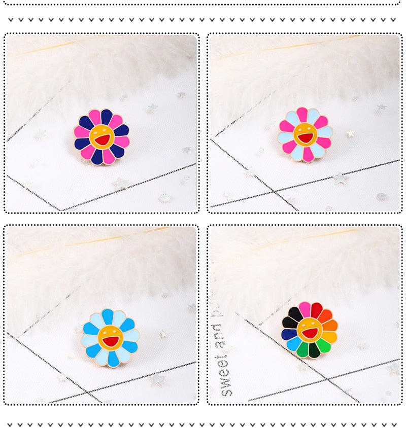 4 Colors Kpop Flowers Broche Fashion Rainbow Flower Enamel Pins Smiling Sunflower Brooches Cute Bag Icon Badges Men Women Gifts