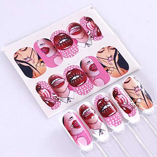 9 pieces Nail Art seal Hamizu decal water transfer sticker pasted lip style Women, Girls, Children's ultra-thin children nail sticker cute work or casual nail decoration 10190