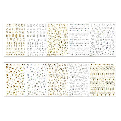 Frcolor nail seal 3D nail sticker gold moon star design Nail Art seal nail for decorative stick only manicure accessories 10-sheet set (random pattern)