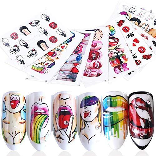 9 pieces Nail Art seal Hamizu decal water transfer sticker pasted lip style Women, Girls, Children's ultra-thin children nail sticker cute work or casual nail decoration 10190