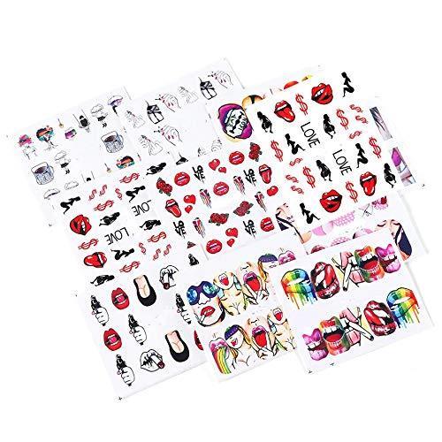 9 pieces Nail Art seal Hamizu decal water transfer sticker pasted lip style Women, Girls, Children's ultra-thin children nail sticker cute work or casual nail decoration 10190