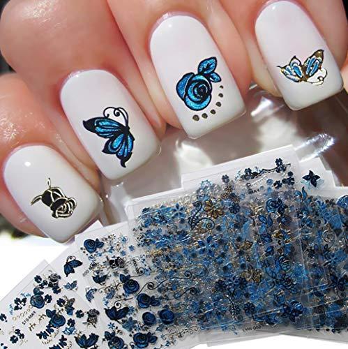 YONIK nail seal 3D nail sticker nail art just stick seal butterfly floral lace 24-sheet set blue