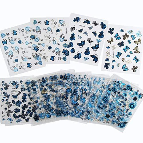 YONIK nail seal 3D nail sticker nail art just stick seal butterfly floral lace 24-sheet set blue