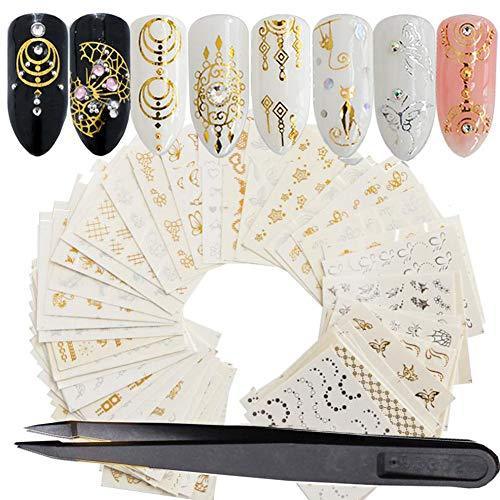 HuangHM 30 sheets 600 picture nail seal Nail foil ultra-thin real greasy not nail decoration salon decoration 3D design three-dimensional DIy decorative manicure pedicure cute Gold Silver