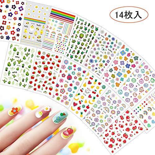 2019 Popular Nail Art seal set, manicure woman just put 14 sheets cute 3D, girl, Children's ultra-thin children nail sticker flower, rainbow, strawberry, star, moon, emoticons work or casual nail decoration for ladies gift gift nail accessories