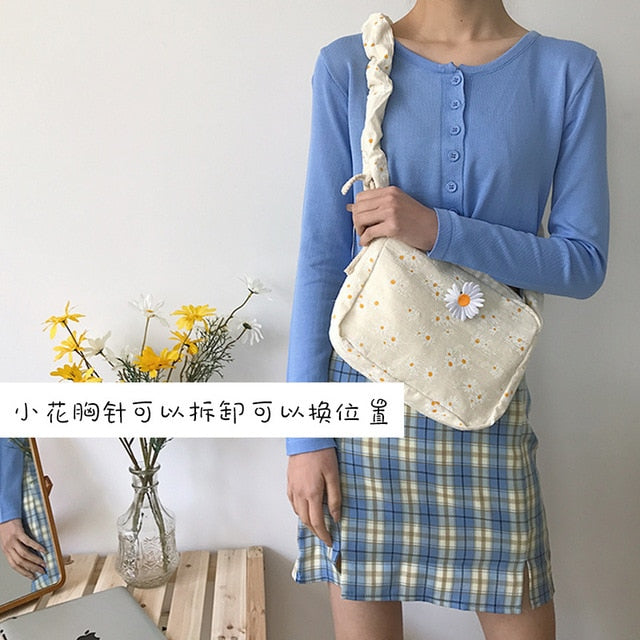 Women Canvas Shoulder Bags Embossed Daisy Design Ladies Floral Handbag Casual Tote Literary Books Bag Shopping Bag For Girls