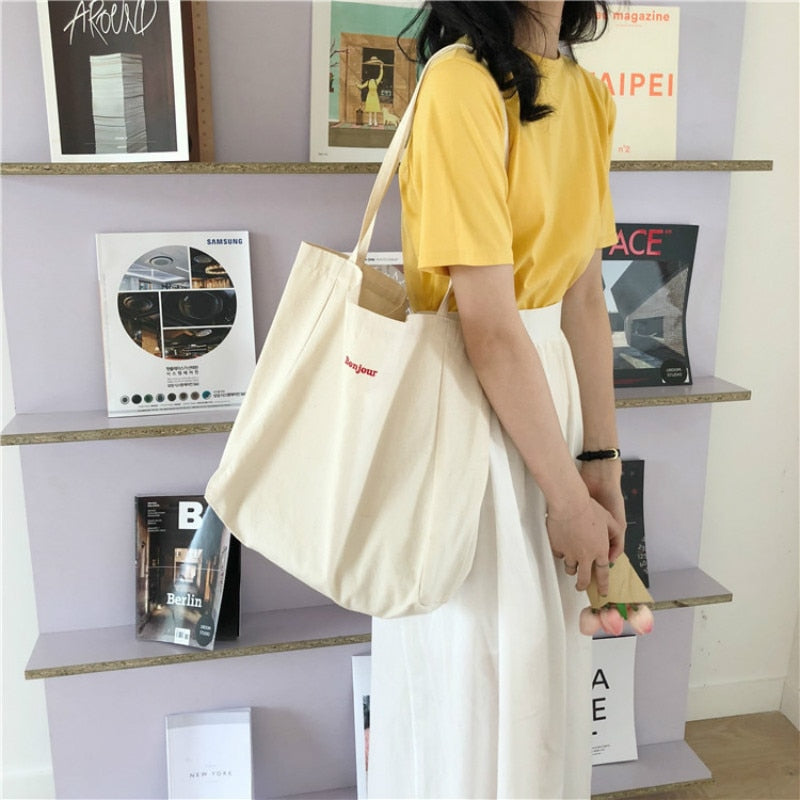 Canvas Bag High Quality Reusable Shopping Bag Simple Casual Daily Use Handbag Shoulder Bags Portable Shopper Bag Folding Totebag