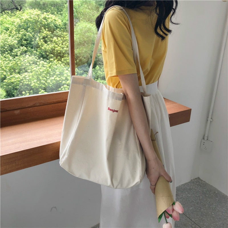 Canvas Bag High Quality Reusable Shopping Bag Simple Casual Daily Use Handbag Shoulder Bags Portable Shopper Bag Folding Totebag